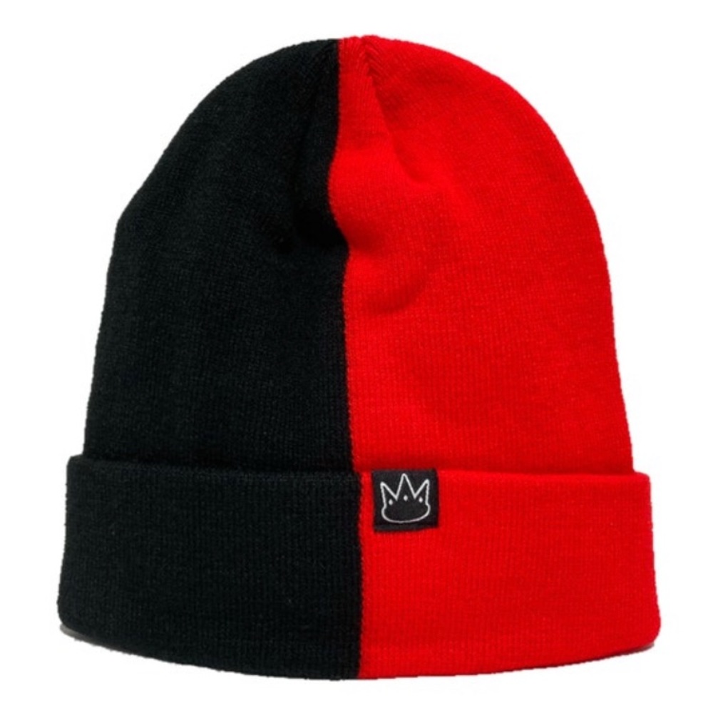 Jay Rauler Split Half BLACK RED 2 Two Tone Cuff Beanie Knit Cap Hat ⭐️
